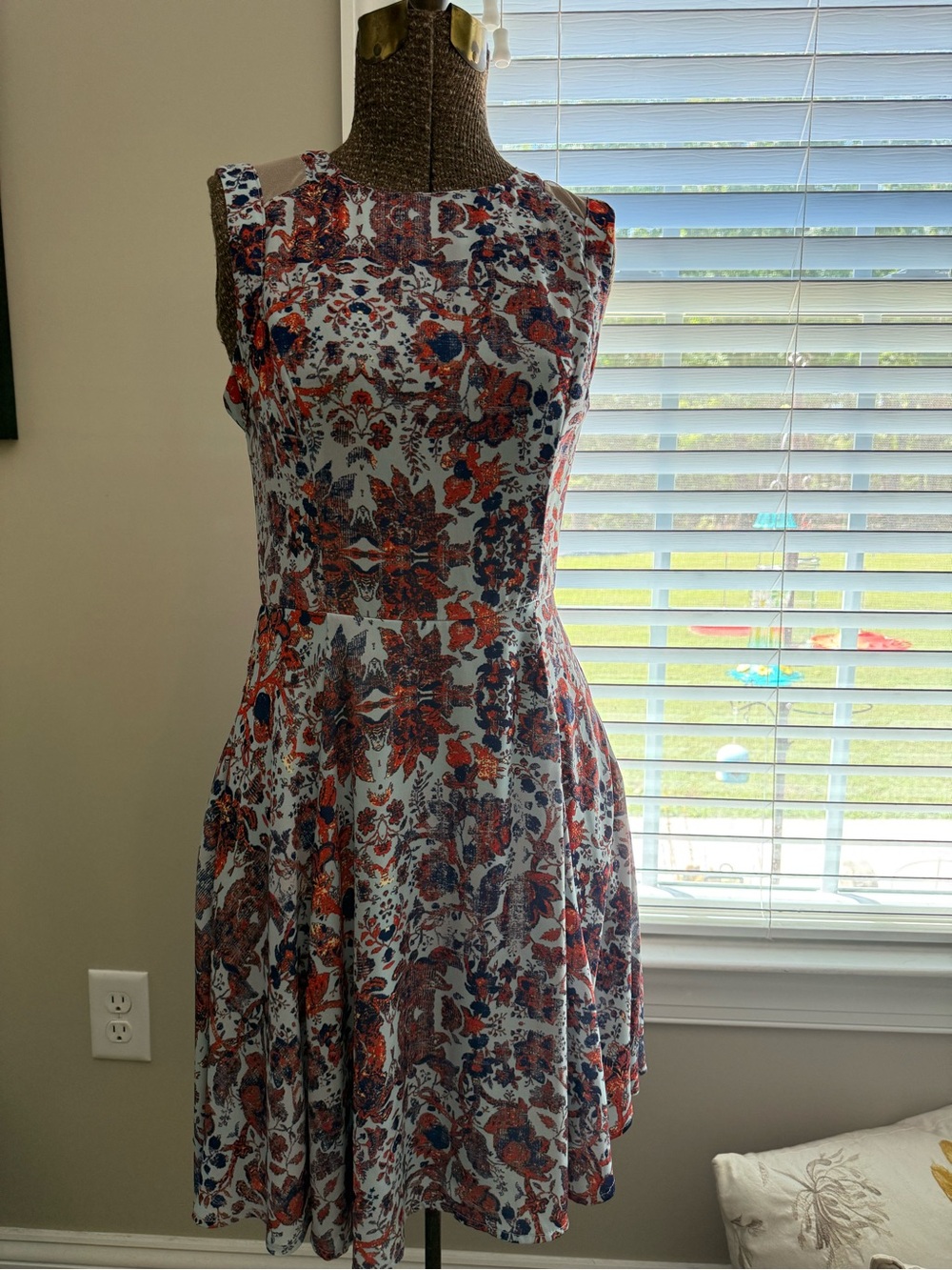 Astr Floral Sleeveless Fit & Flare Dress in White with Red and Blue Print